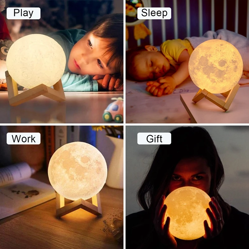 Lampu malam LED bola bulan dengan dudukan plastik, lampu berbintang bertenaga baterai, dekorasi kamar tidur, lampu malam samping tempat tidur, hadiah anak-anak, 8cm