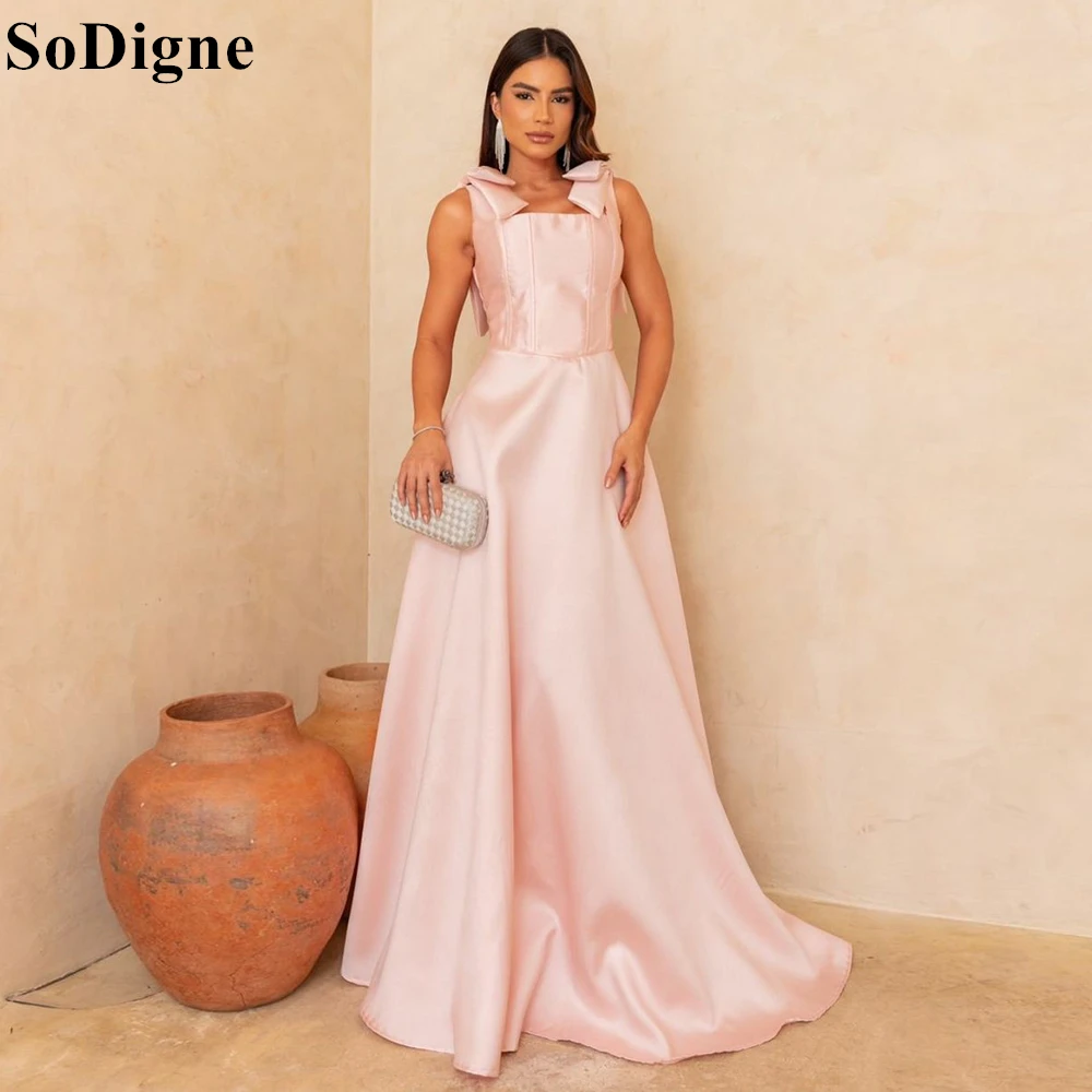 SoDigne Elegant Pink Satin Evening Dresses Square Neck Pleated Sleeveless Bow Party Dress 2024 Formal Event Prom Gown Customized