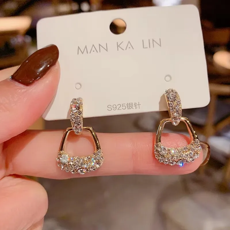 S925 Silver Needle Korean Edition Full Diamond Bag Earrings Fashion New Style Light Luxury Sweet Cool Earrings For Women
