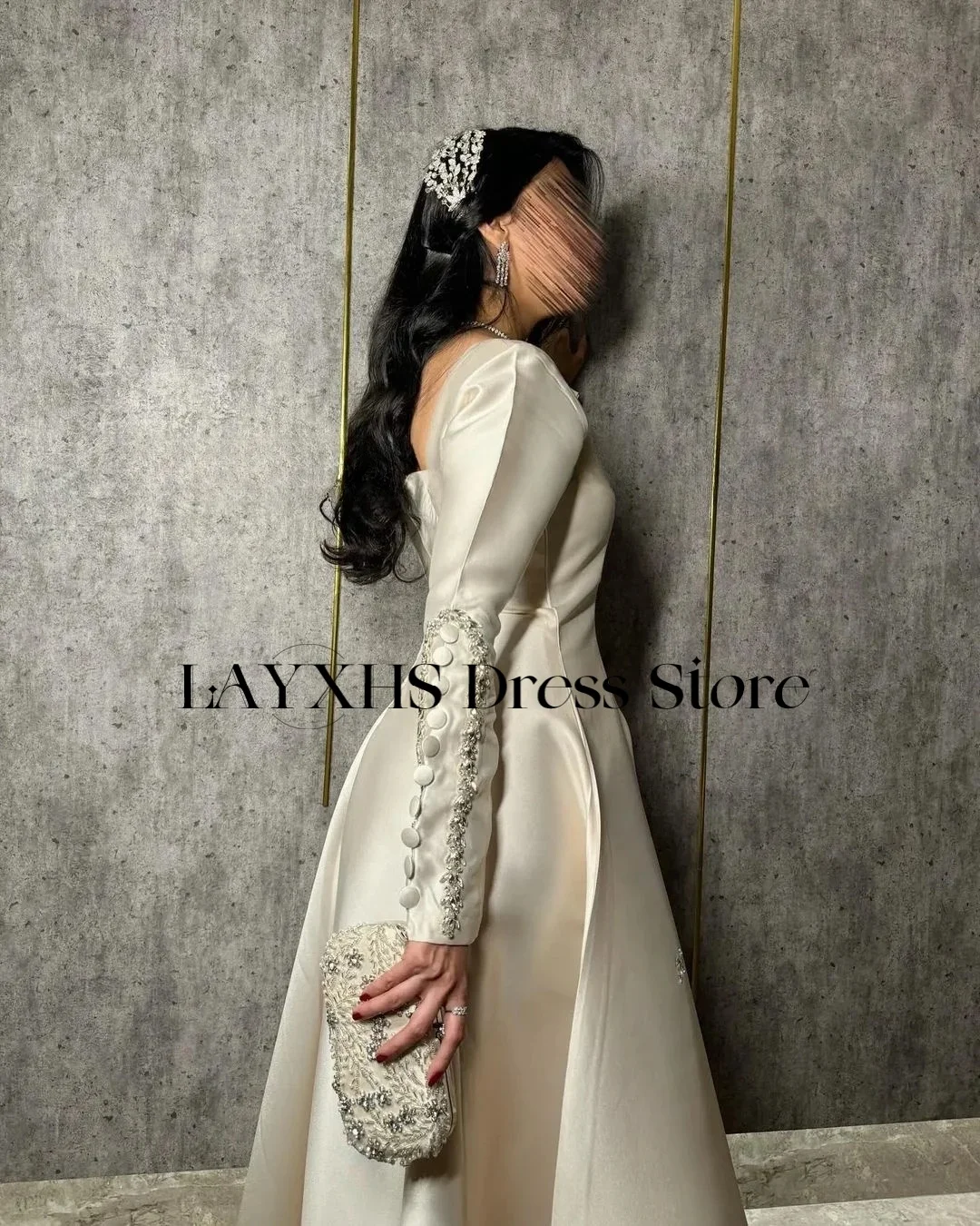 LAYXHS Luxury Square Neck Evening Dresses A-Line Long Sleeves Beaded Button Women Prom Dresse Customized فساتين سهرة