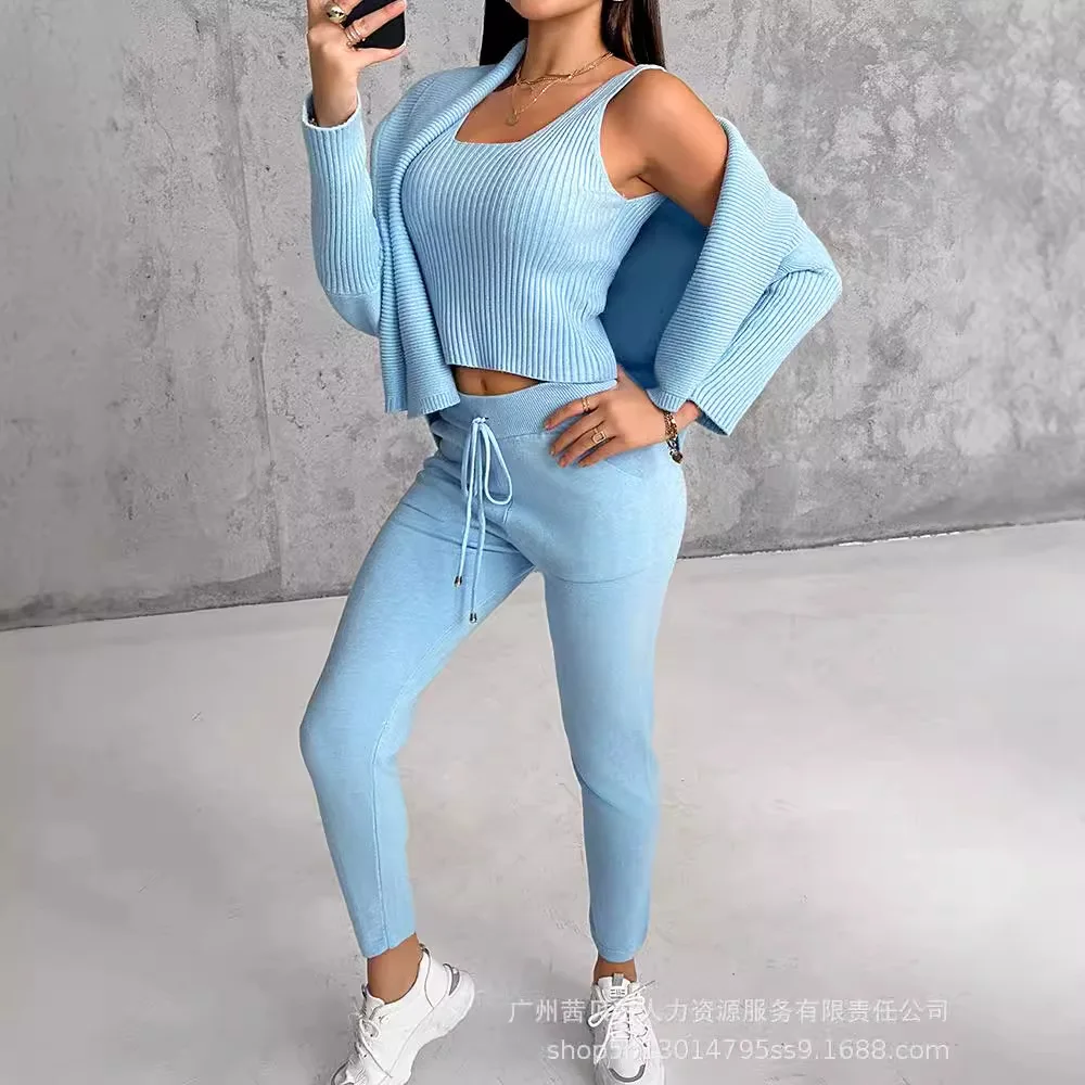 Light Blue Lapel Bat Sleeve Cardigan Suspender Vest Low Waist Strap Knitted Three-piece Set for Women