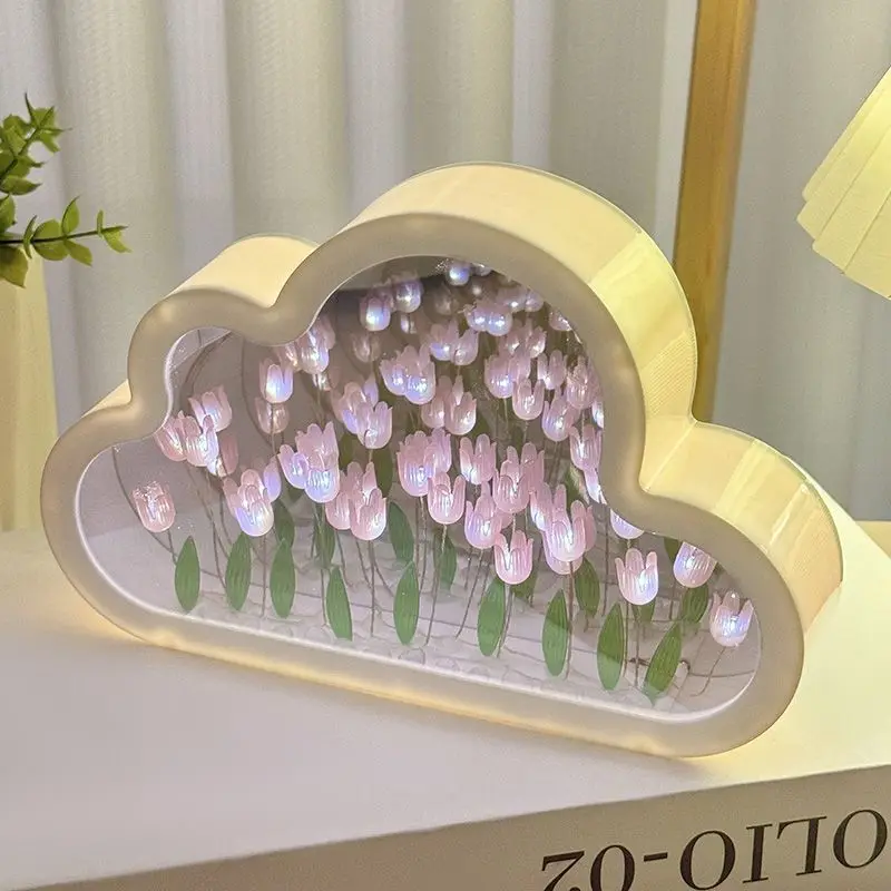 Cloud Tulip Night Light Handmade DIY Material Flower Home Decor Mirror Creative Atmosphere Lamp Birthday Gift Valentine's Day