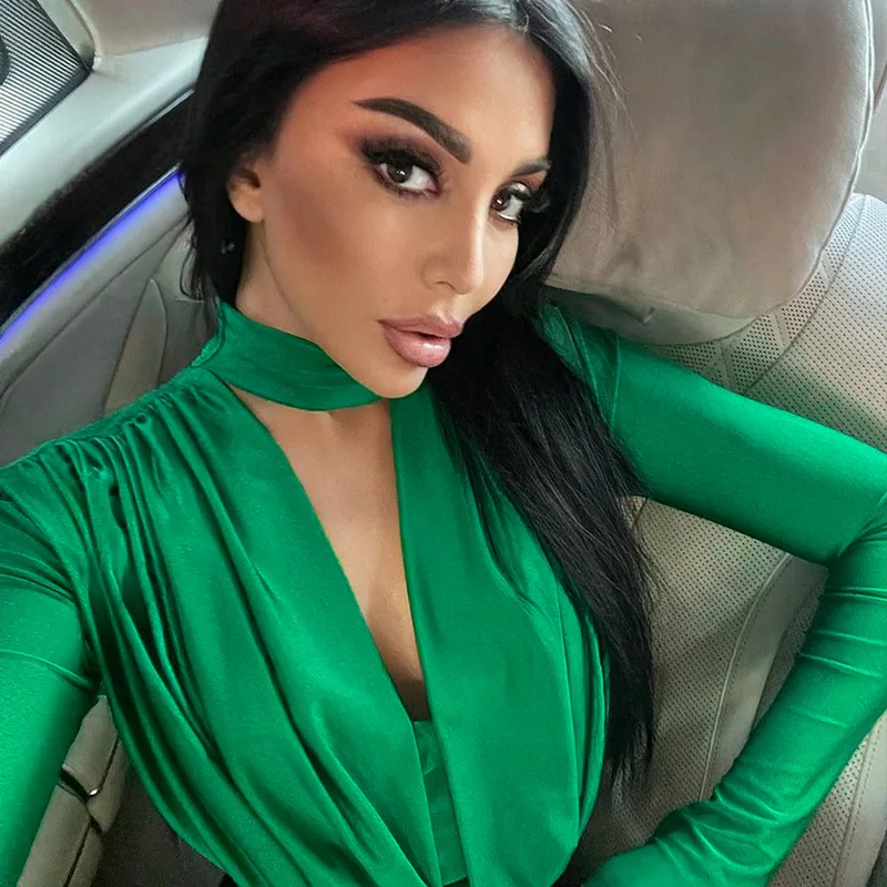 BornToGirl مثير سليم ارتداءها المرأة أنيقة أسود أحمر أخضر كم طويل الخامس الرقبة قطعة واحدة داخلية بذلة القمم بدلة للجسم Y2K