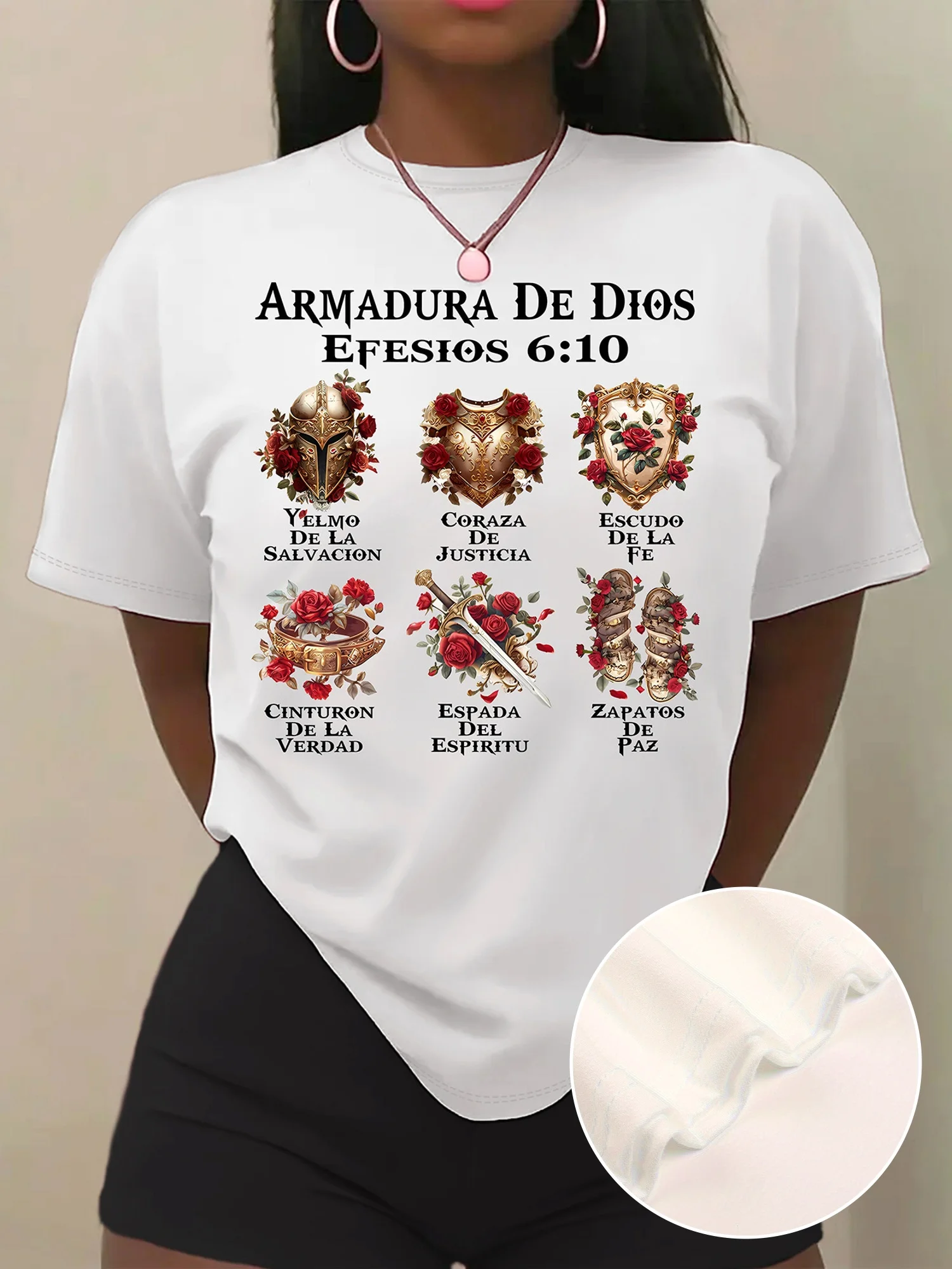 

Women's Casual Short Sleeve T-Shirt - White Religious Spanish Scripture & Armor Motif Print, Stretchy Round Neck Spring Summer