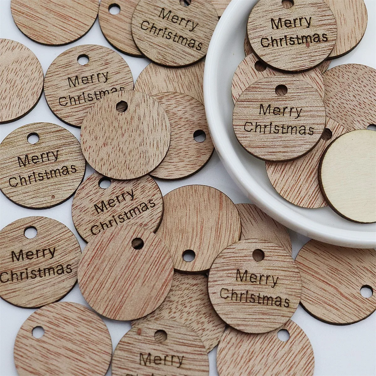 50pcs 25mm Vintage Merry Christmas Round Circle Tags Cutouts Wooden Fancy DIY Crafts Scrapbooking Wedding Xmas Decorations