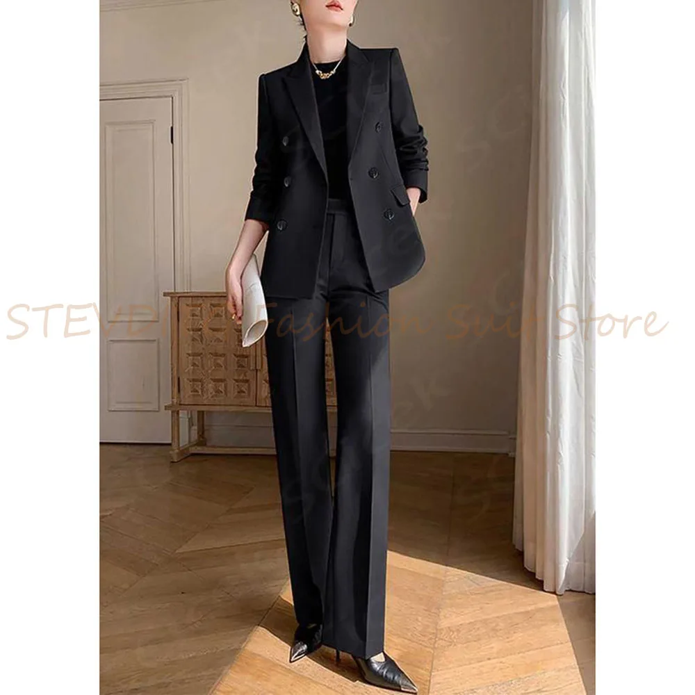 Chic Classic Suit Set Solid Color Double Breasted 2 Piece Jacket Pants Blazer Set Slim Fit Luxury Office Lady Female Clothing