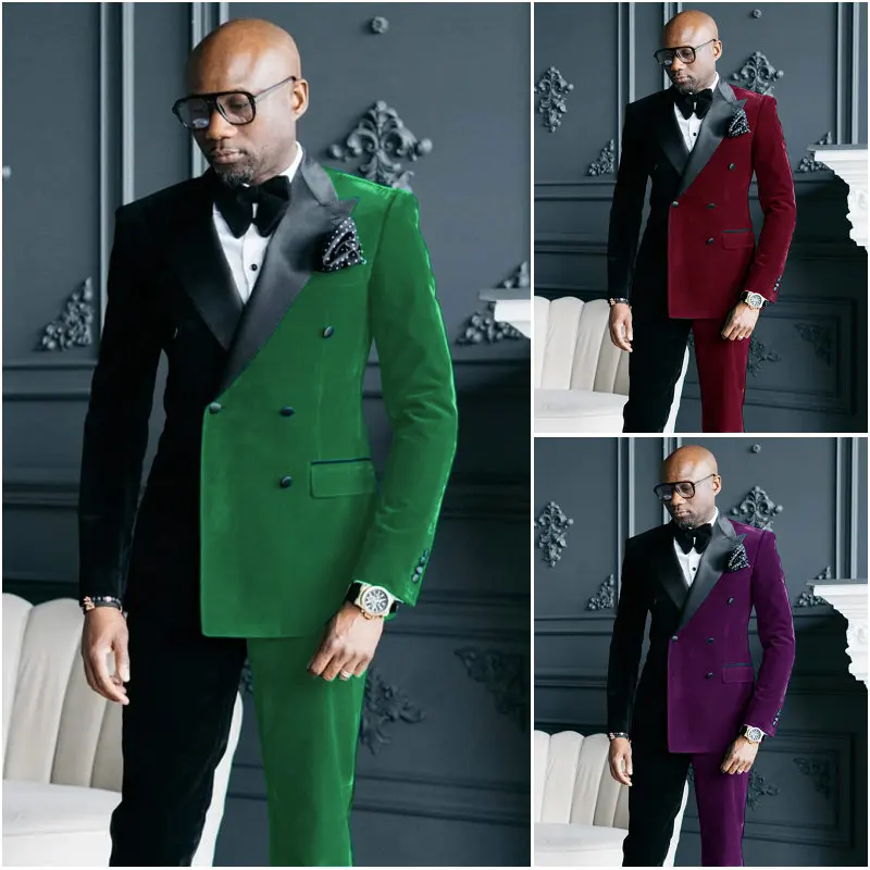 Black Green Velvet Mens Suits Double Breasted Costume Mariage Homme Wedding Tuxedos Groom Suits For Men Tuxedo (Jacket+Pants)