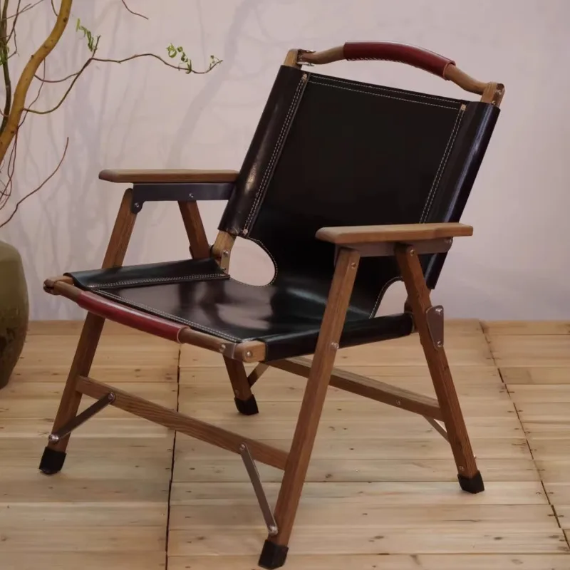 Outdoor camping folding chair first layer cowhide portable beach lie