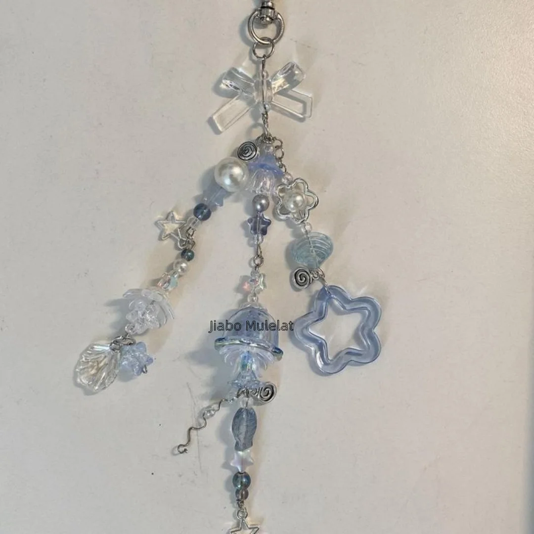 Y2k handmade white bow dot light blue jellyfish keychain