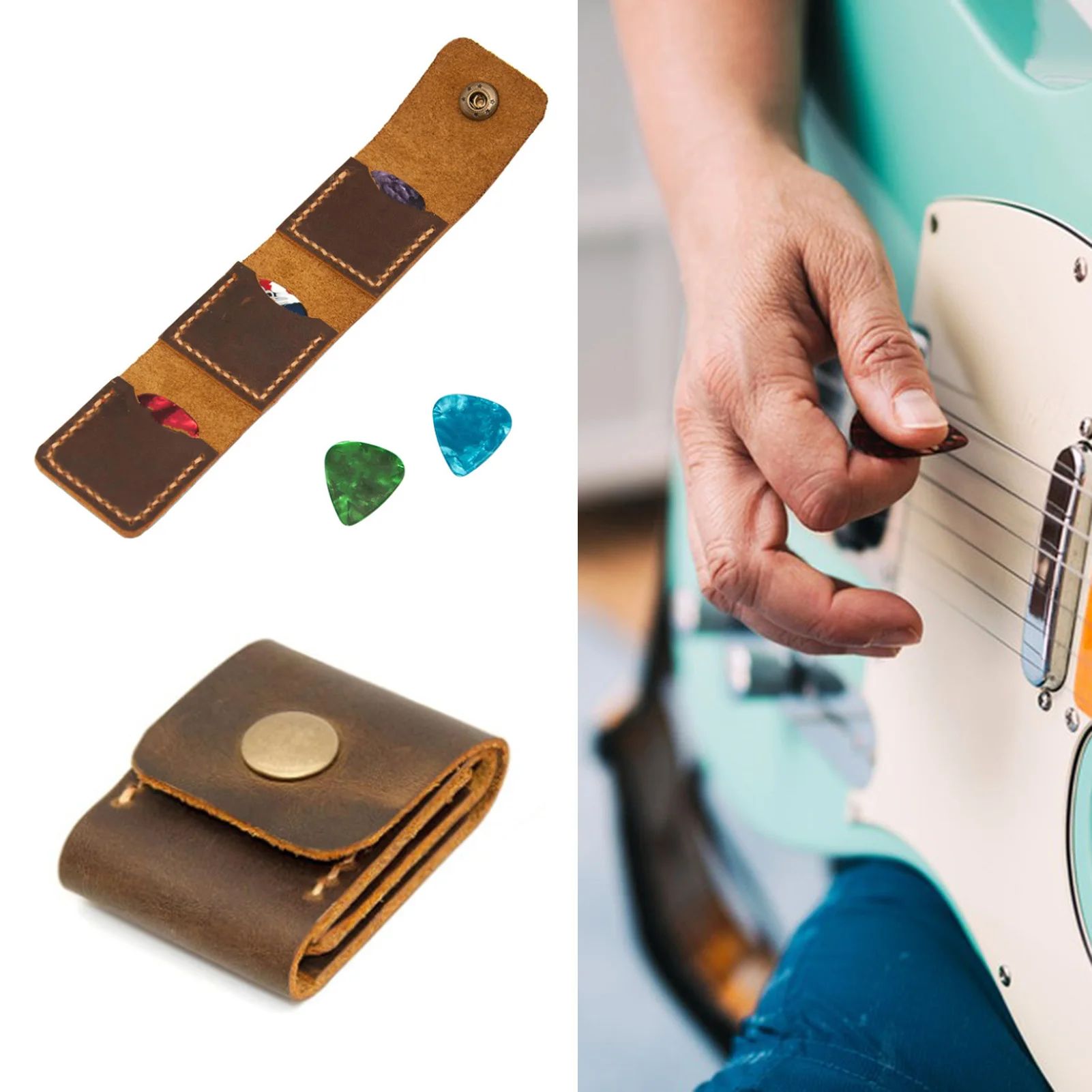 Guitar Pick Case 3 Slots Pick Holder Bag Faux Leather Guitar Pick Storage Pouch with Snap Closure for Guitar Lovers Accessories