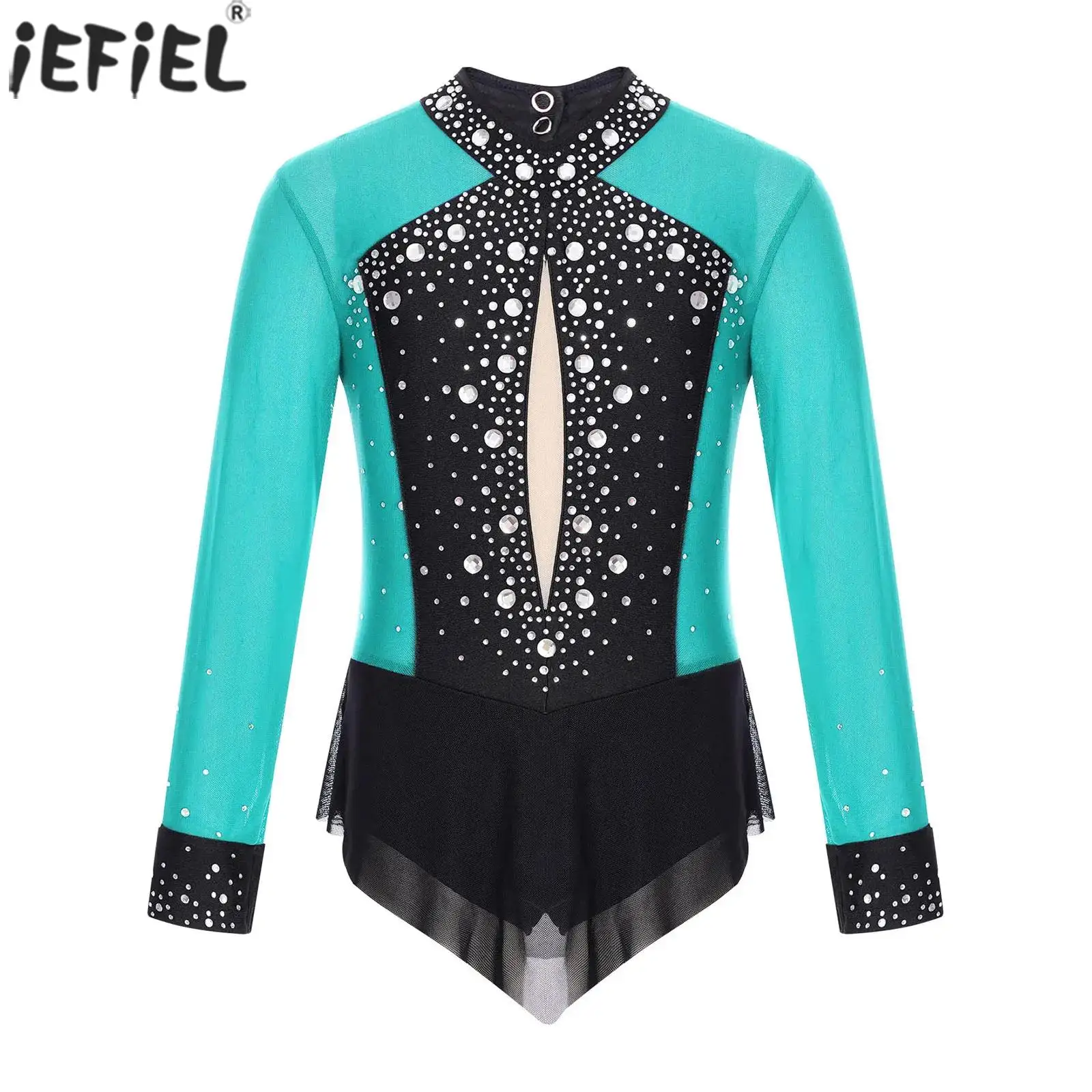 Kids Girls Ballet Dance Leotard Dress Figure Skating Rhythmic Gymnastics Costume Shiny Rhinestones Sheer Mesh Skirted Jumpsuit