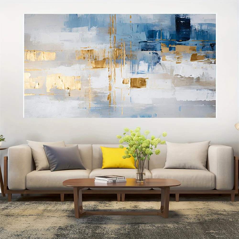 100% Handmade Abstract Oil Painting Blue And Orange Blue gold texture Wall Art Picture For Home Living Room Decor Image Gift