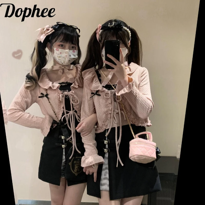 Dophee Original Japan Women Short cardigan Top Cute Ruffles Peter Pan Collar Lace-up Landmine System Young Girl Jacket Coat