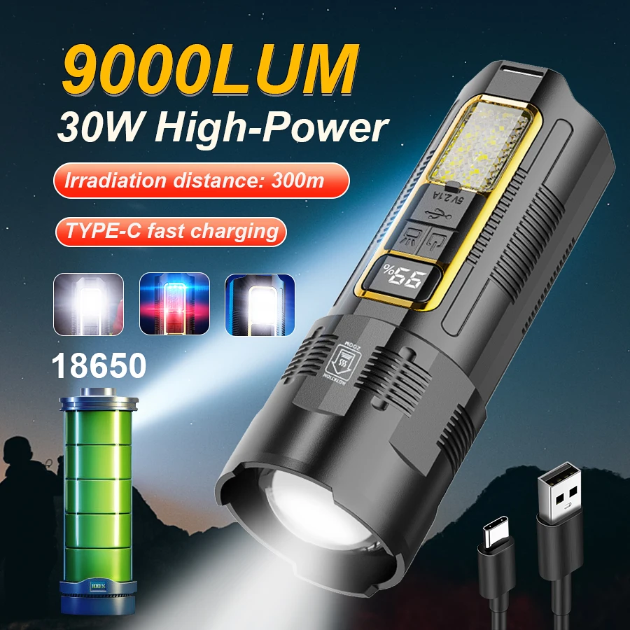 

Powerful 30W LED Flashlight Built-in 18650 Battery Portable Zoom Tactical Torch Type-C Rechargable Emergency Camping Power Bank