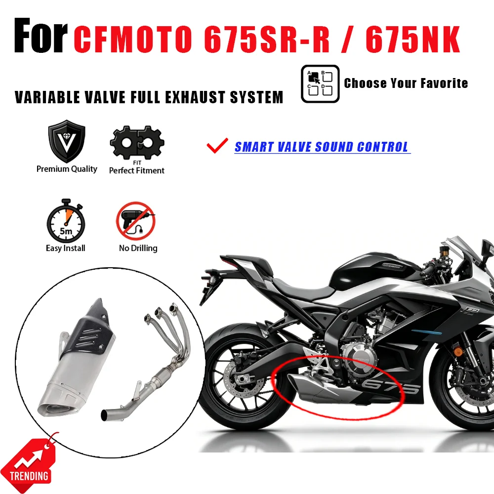 

For CFMOTO 675SR-R 675NK Valved Exhaust Pipe Full System Racing Style Mid Tail Muffler Escape Moto Accesorios Scarico Valvola