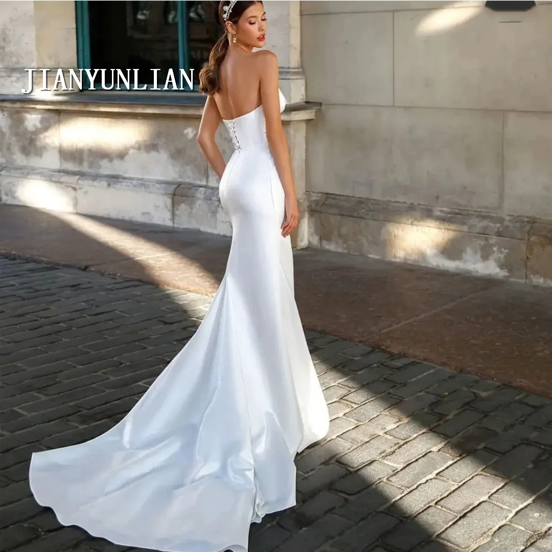 Simple High Split Elegant Wedding Dress For Woman Strapless Satin Bridal Gown Sweep Train For Women Custom Made To Measure