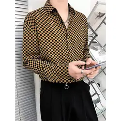 Camisas a cuadros con botones de solapa para hombre, ropa informal holgada de manga larga, estilo coreano, Primavera, 2024