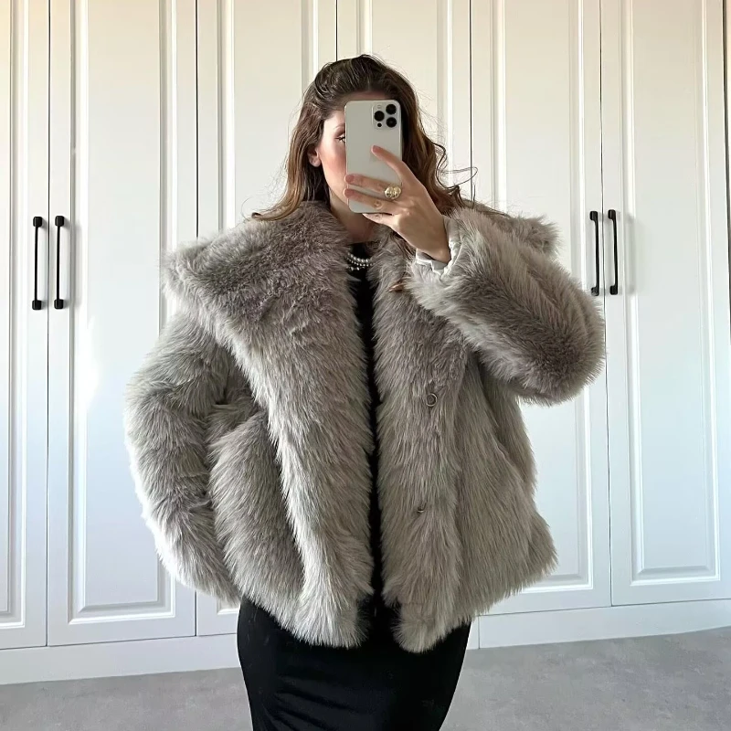 

Plush Faux Leather Winter Coat Women Large Fur Collar Long Sleeve Fur Jacket Streetwear Thick Warm Coats 2025 Clothing Overcoats