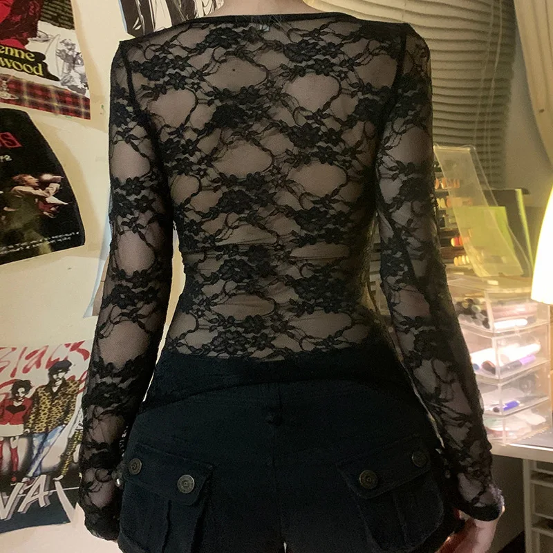 Mall Goth Solid Lace Patchwork Long Sleeve T-shirts Cyber Y2K O-neck Sheer Back Slim Tops Women Techwear Basic T-shirt