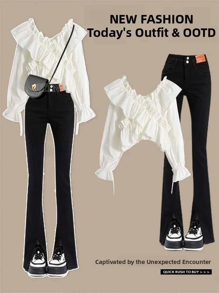 

Casual Long Sve irt Women's Autumn 2024 New Sle Jeans Set Irregular Design Slim Fit Straight Tube One Word Collar or...