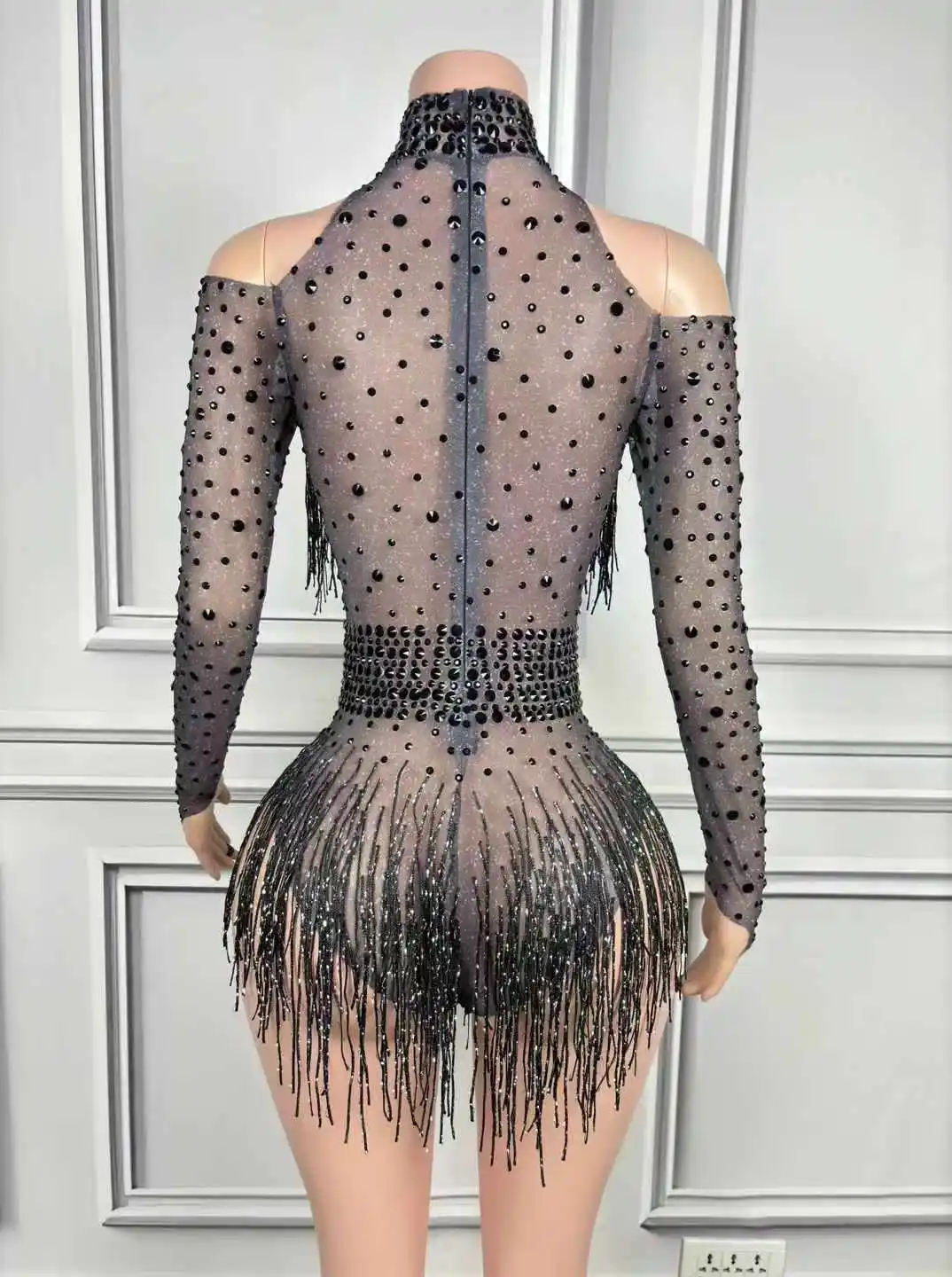 Body brilhante com franjas e strass para mulheres, preto, dourado, deusa, sênior, comemoração de las vegas, show, drag queen