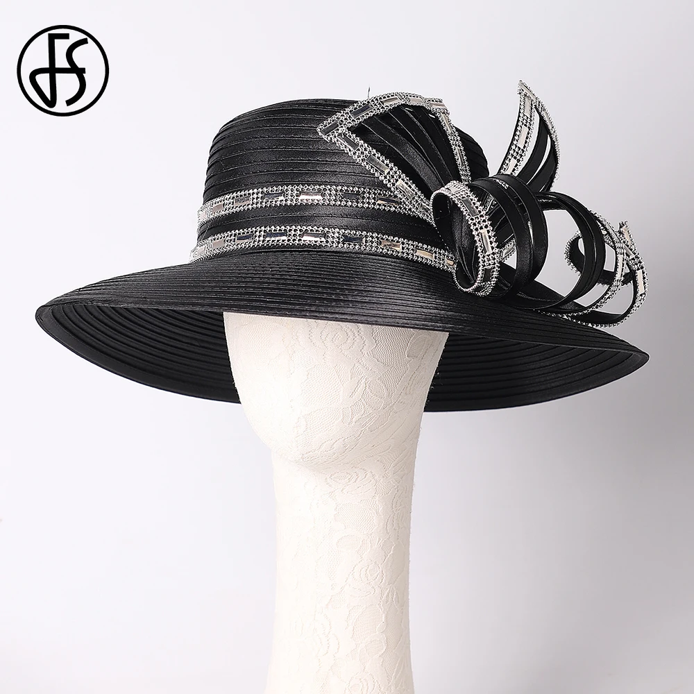 FS Elegant White Wide Brim Top Hats For Women With Bow Wedding Bridal Millinery Formal Occasion Female Church Derby Cap 2024