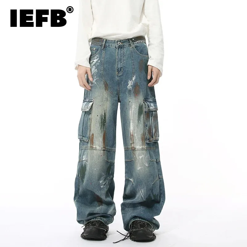 IEFB Hand Painted Men's Denim Pants Korean Style Graffiti Multi-pockets Cargo Contrast Color Straight Leg Loose Male Jeans 9W140