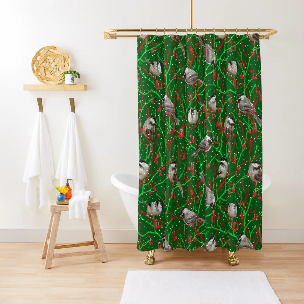 

Christmas Chickadees in the Snow | Green Shower Curtain Shower For Bathrooms For Bathroom Curtain