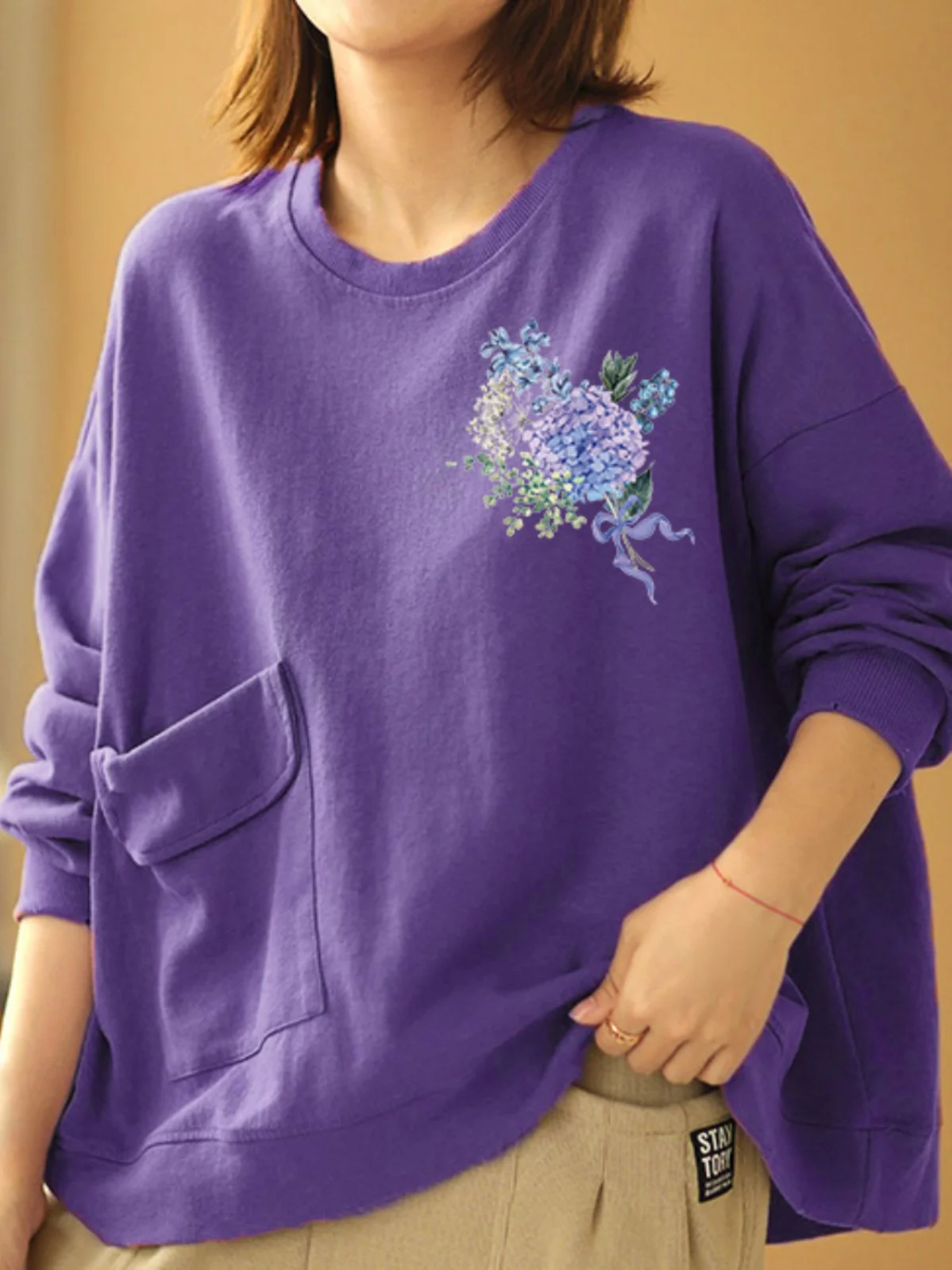 

Свободная женская толстовка из чистого хлопка с длинным рукавом и принтом, модная базовая футболка для осени и зимы, повседневная, с круглым вырезом