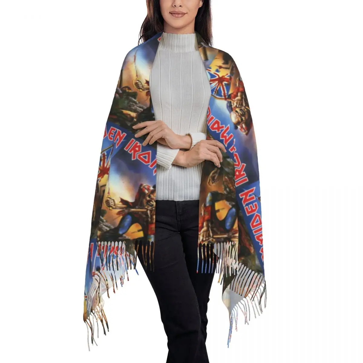 Custom British Heavy Metal Rock Iron Maidens Tassel Scarf Women Soft Shawls Wraps Lady Winter Fall Scarves