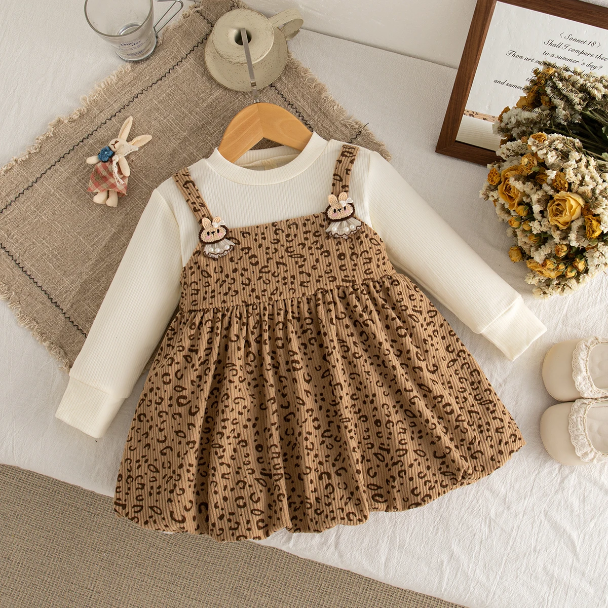 

0-2 Years Baby Girl Dress Cute Bunny Decorative Leopard Print Knit Long Sleeve Dress Autumn Casual park Play Clothes