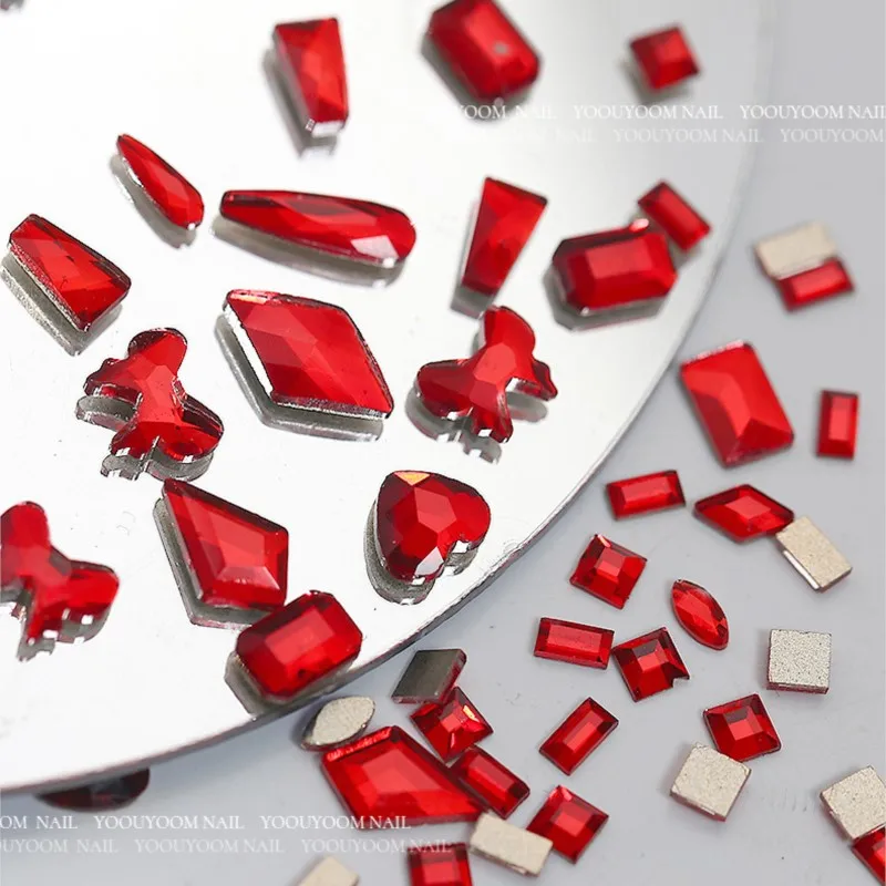 40PCS Super Sparkle Big Red Flatback Diamonds Vairous Shapes Mini Star Glass Nail Art Rhinestones Decorations Manicure Ornaments