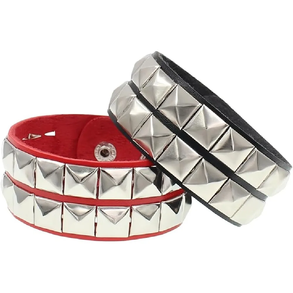 Unisex Punk Silver Pyramid Stud Wristband, Single Row Faux Leather Adjustable Wrist Cuff, Gothic Rock Street Couple Accessory