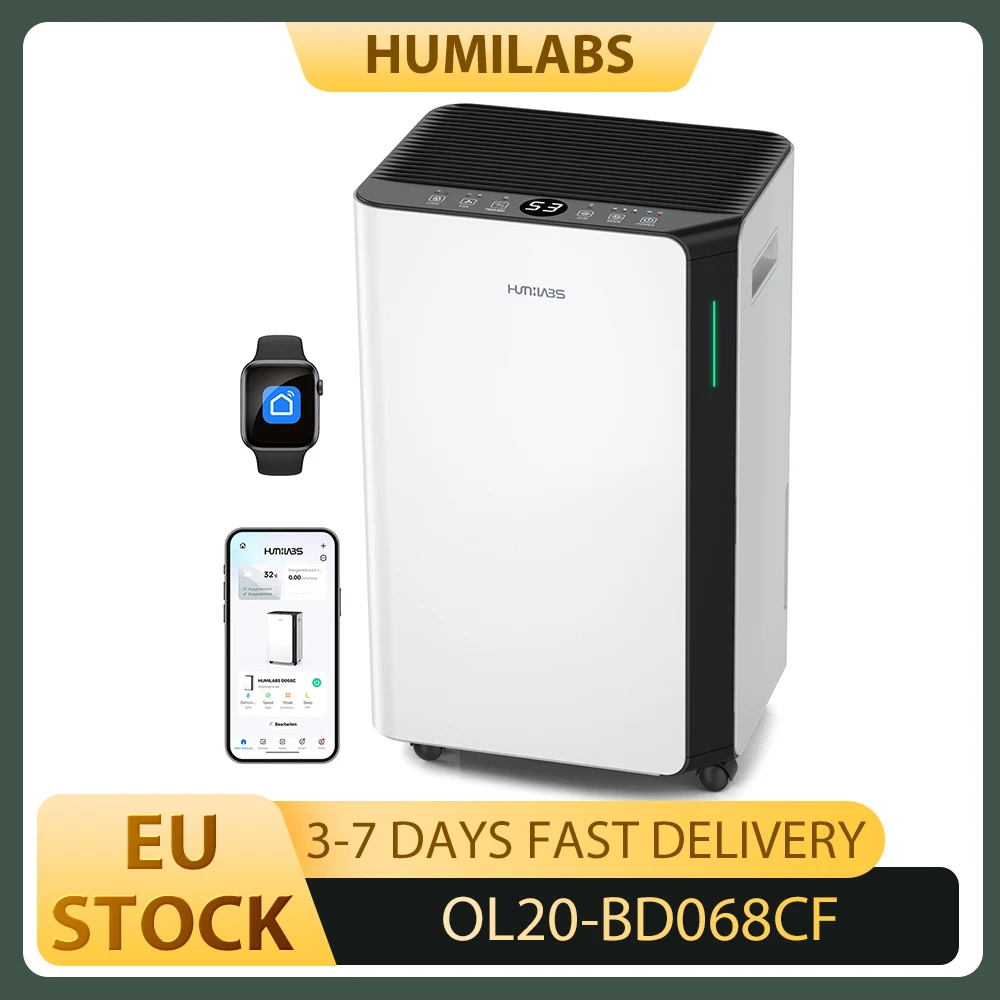 Déshumidificateur portable HUMILABS 20L, contrôle Wi-Fi et application, minuterie 24h, réservoir d'eau 4,5L et tuyau de drainage, 3 modes, surface de couverture 60 ㎡