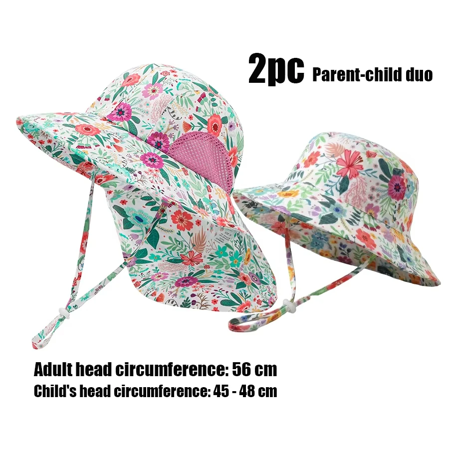 2 sets of parent-child sets. Adult and child digital printing adjustable sun protection neck cap for headwear. Sunshade cap
