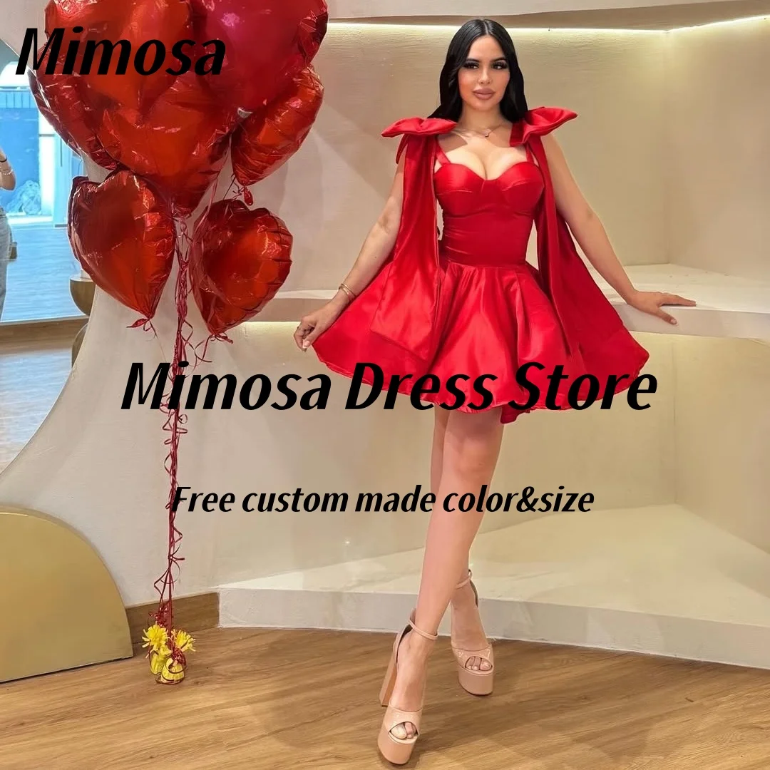 

Mimosa Red Satin Prom Dresses with Bows Spaghetti Sweetheart Homecoming Dress Lace Up Back Mini Cocktail Party Gowns Customized