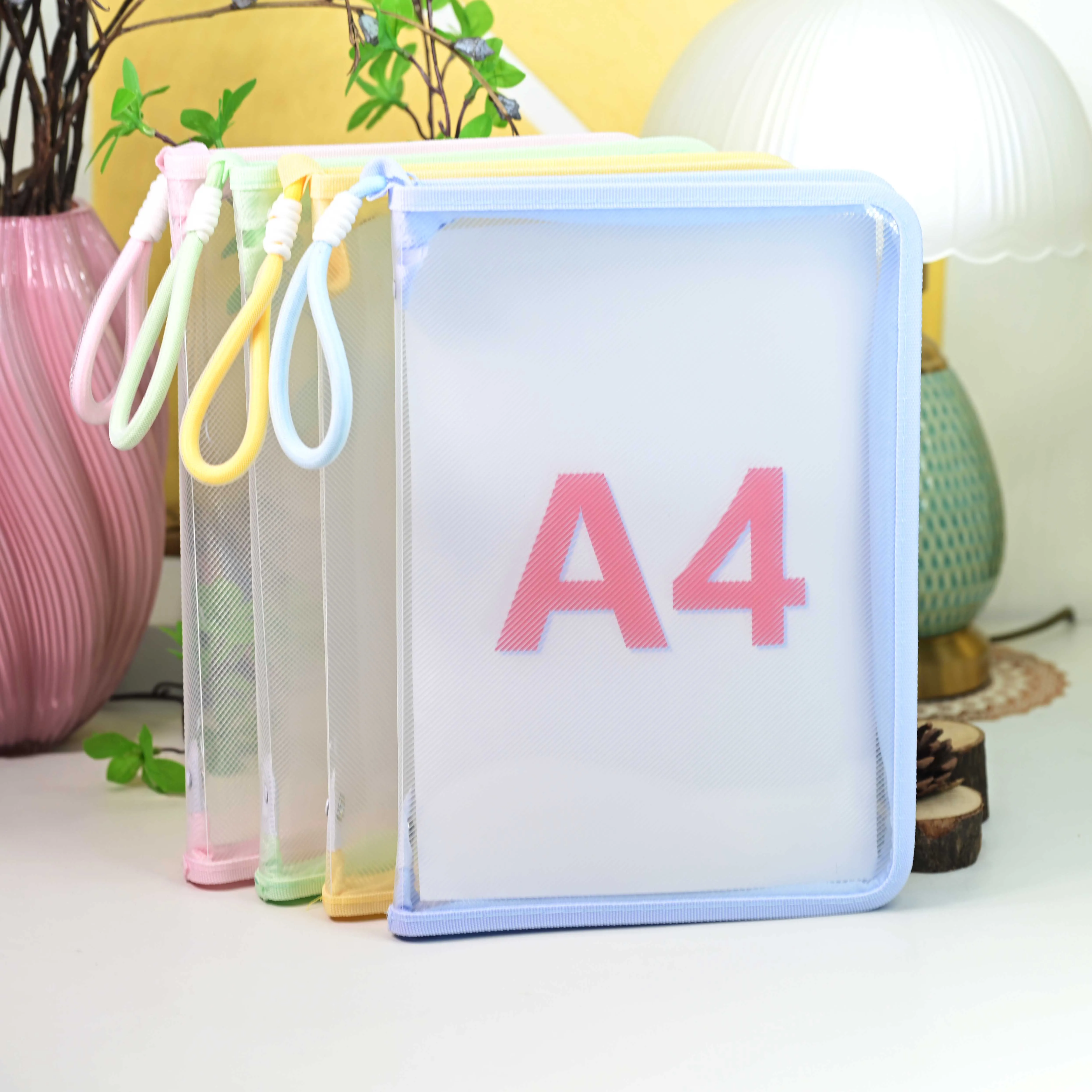 A4 Mesh Zipper File Folder with Hand Strap, Macaron Clear PVC Document Pouch, Waterproof Transparent Paper Storage Bag for Schoo