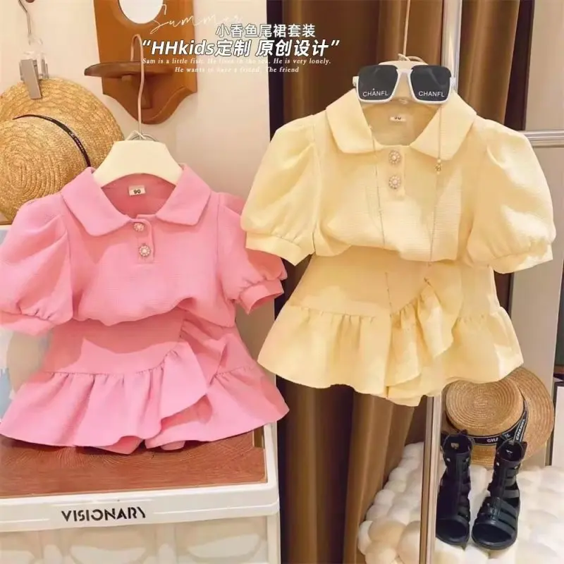 

Girls Clothes Sets Summer Lapel Shirt+Shorts Short Sleeve Tops Children Casual Clothing Suits Pink Girl Clothes 2Pcs 2-7Yrs