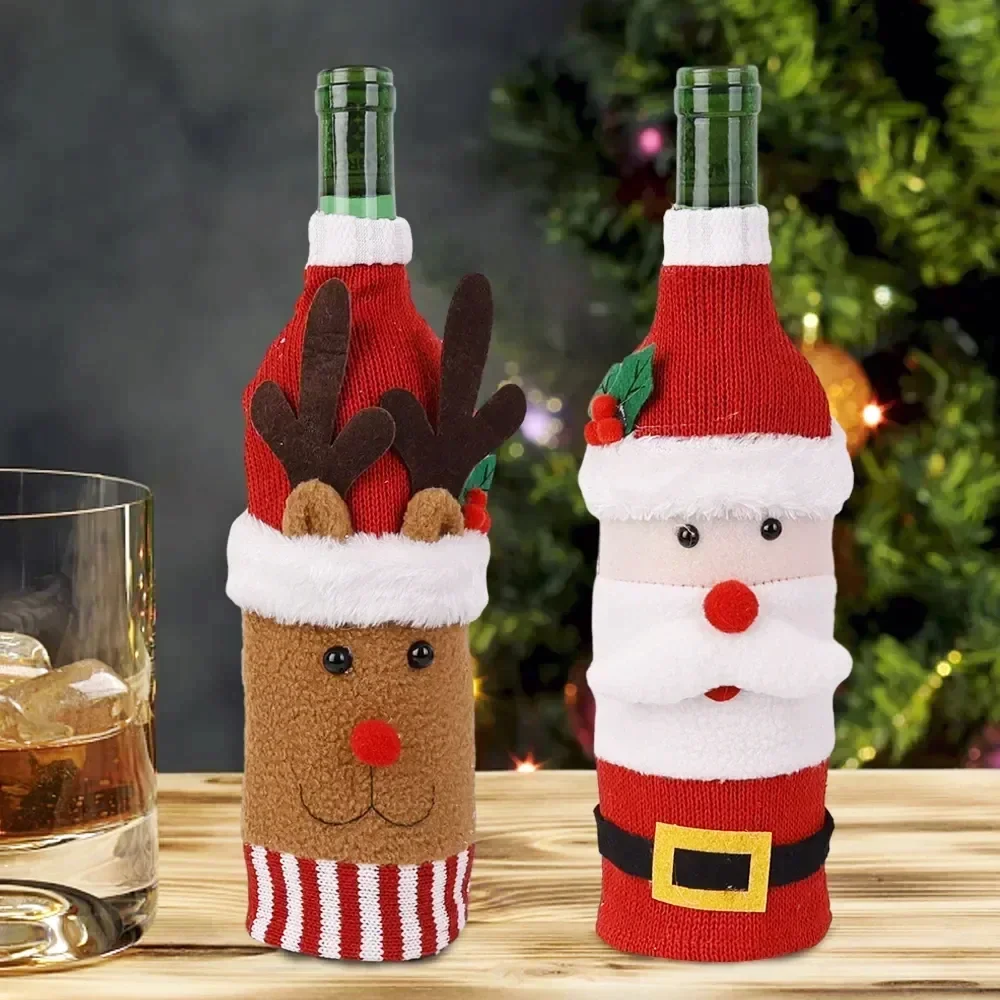 

Christmas Wine Bottle Cover Set Santa Snowman Woven Wine Bottle Bags Xmas New Year Party Home Decor Supplies Gift Wiskey Cover