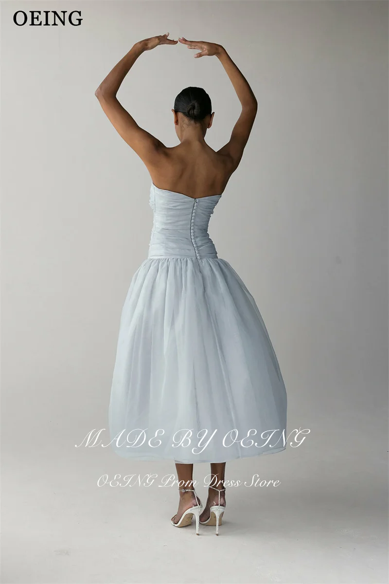 بوينغ بسيط ألف خط فساتين لحضور الحفلات الموسيقية الأورجانزا السماء الزرقاء حمالة بلا أكمام الطيات طول الشاي فستان الحفلات حفل فيستدوس مخصص #4