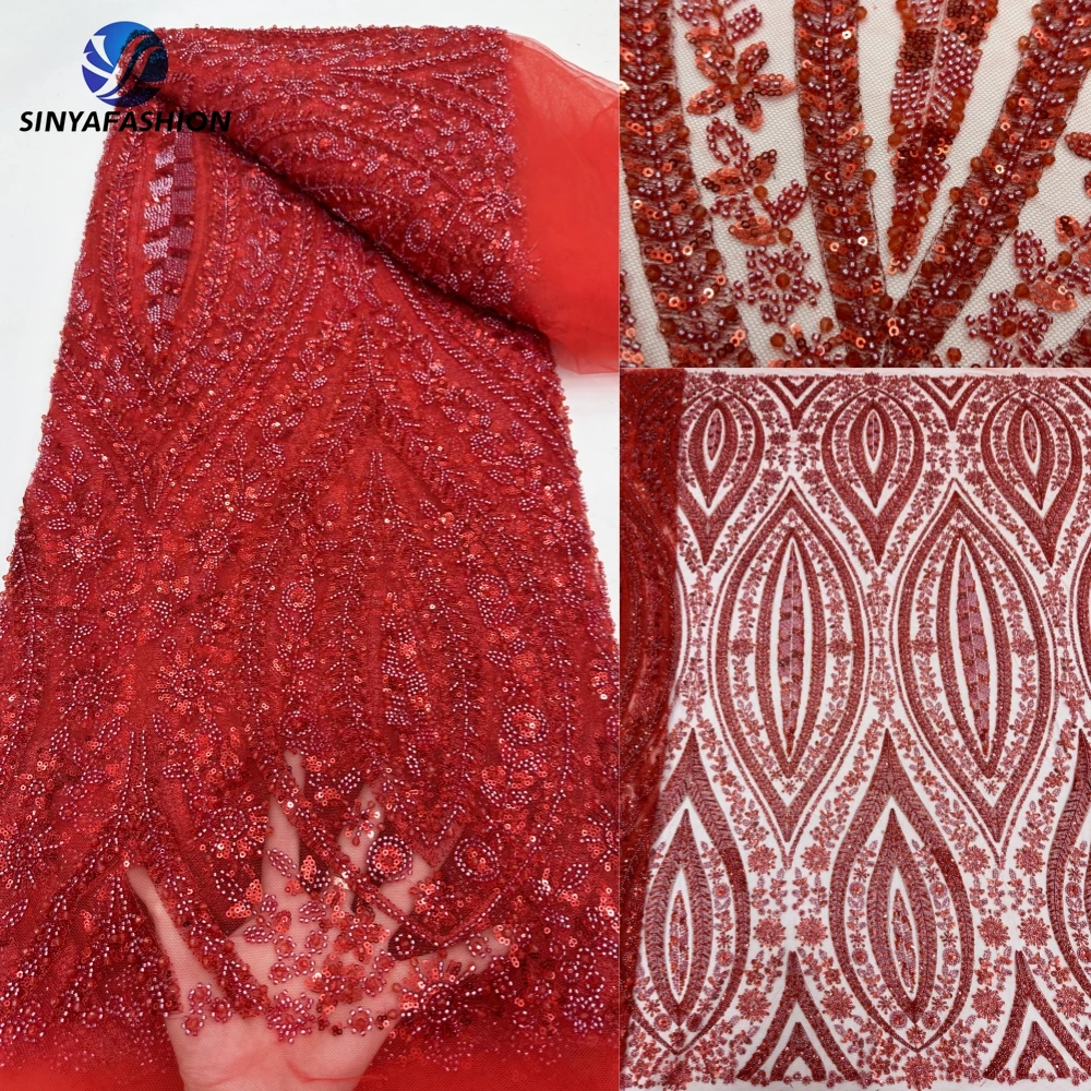 

Sinya Red Black Orange Luxury Heavy Hand Crystal Sequins Beaded Lace Fabric 2024 High Quality African Nigerian Lace For Dress