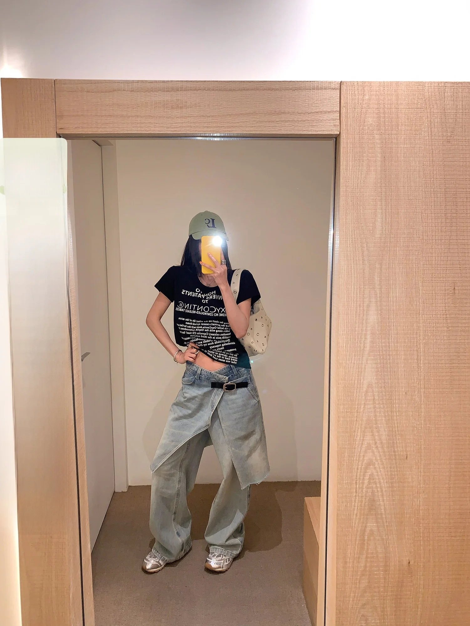 

Worn-In Distressed Wide Leg Jeans Natural Waist Asymmetrical Irregular Waistband Leather Buckle Denim Pants for Women