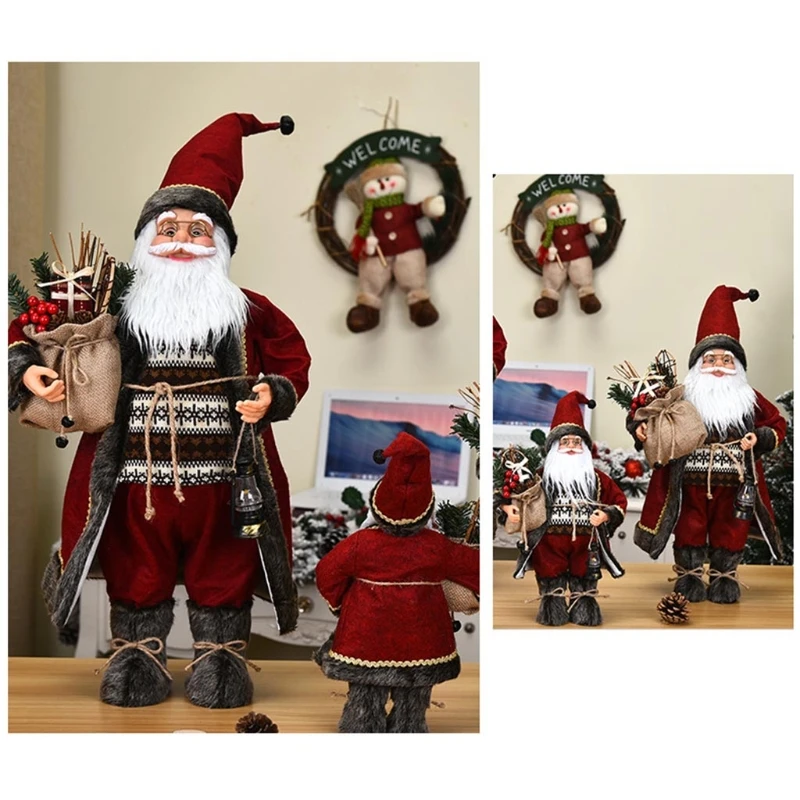 KX4B คริสต์มาส Santa สำหรับตุ๊กตาพร้อมกระเป๋าของขวัญโคมไฟน้ำมันตุ๊กตายาว Robe ยืนรูปปั้นตกแต่ง Xmas เครื่องประดับ
