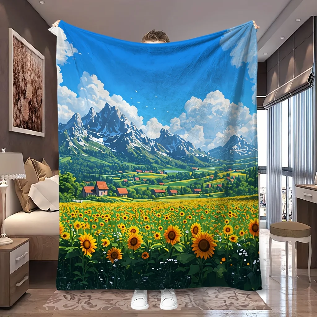 1pc Sunny Valley Sunflower Mountain Landscape Print Flannel Blanket, Skin-friendly and Cozy, Suitable for Blankets, Kid Bed Cove