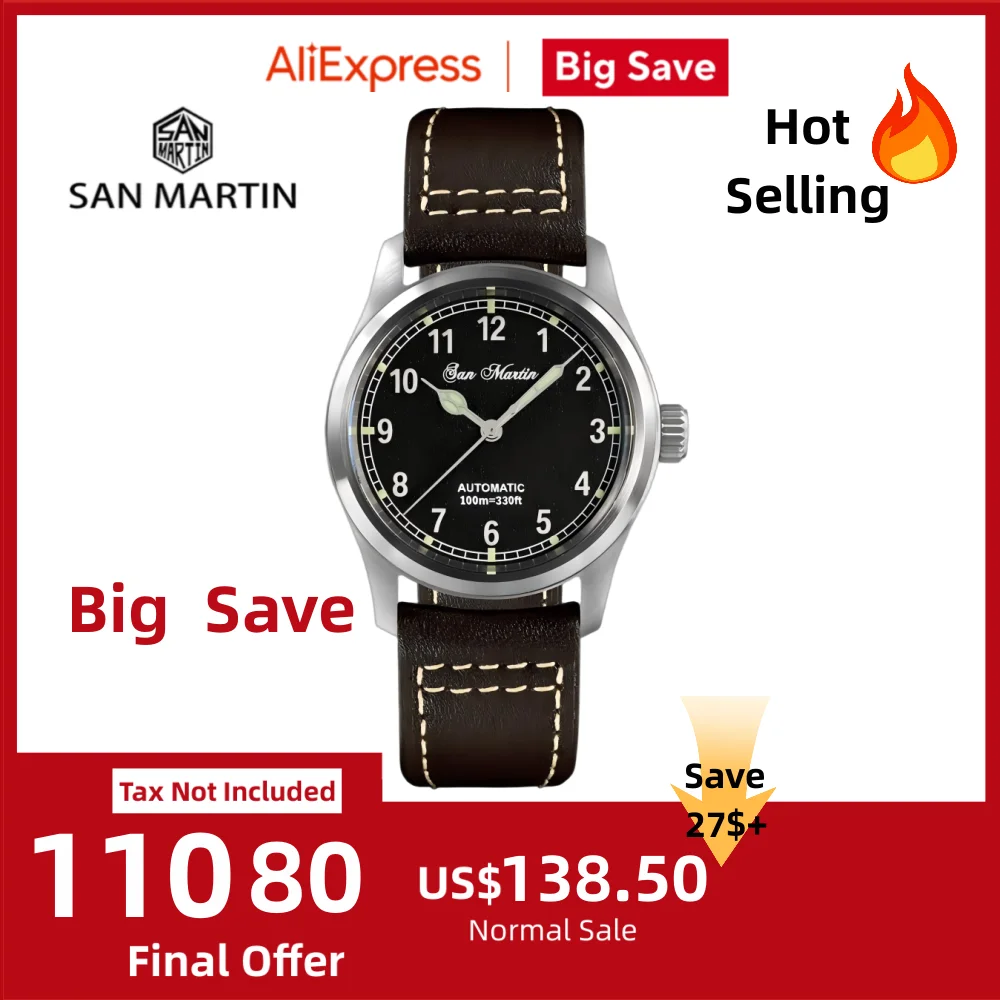 

San Martin Pilot Men Watch Mechanical Automatic Movement 8215 Waterproof 10Bar Diver's Watches Luminous Wristwatch SN0034B