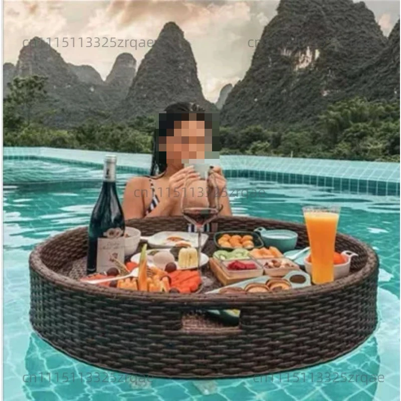 Rattan Floating Tray Water Breakfast Basket B & B Hotel Villa Pool Afternoon Tea