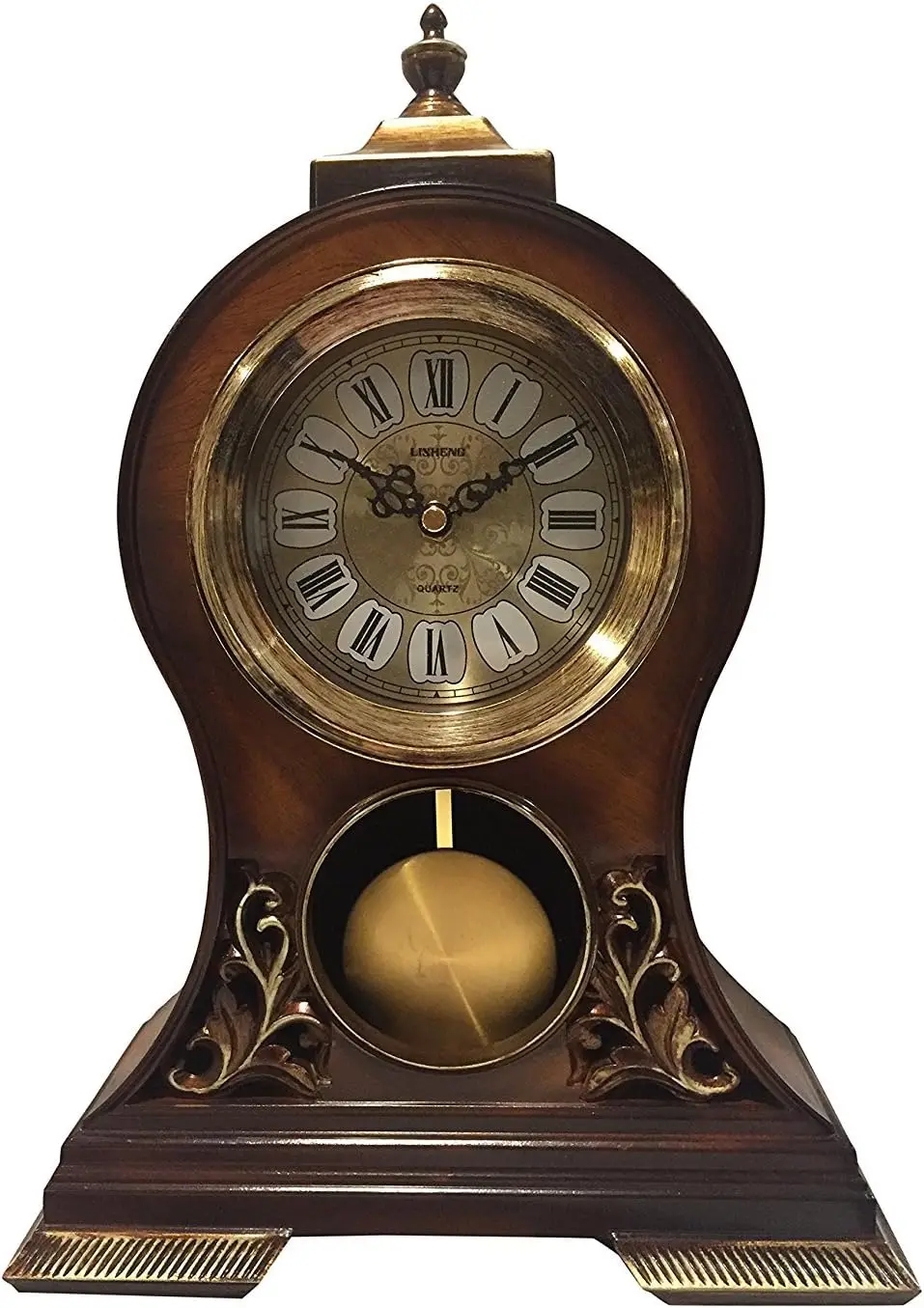 

Elegant Hand-Painted Wooden Mantel Clock with Swinging Pendulum, Mahogany Finish