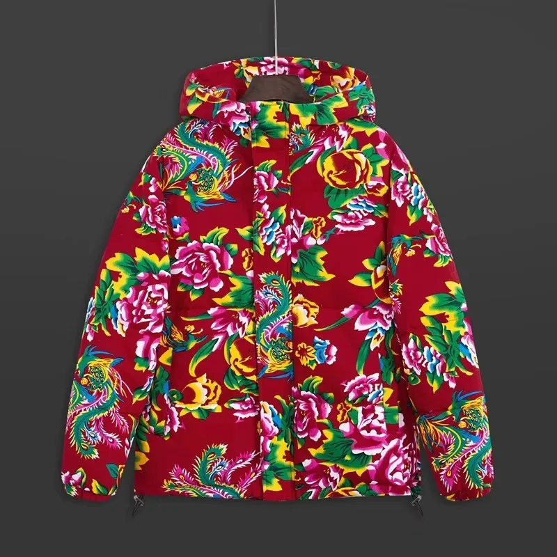 The New Winter Men's Hooded Warm Cotton Jacket Features A Vibrant Floral Pattern Design, Leading The Contemporary Fashion Trend.