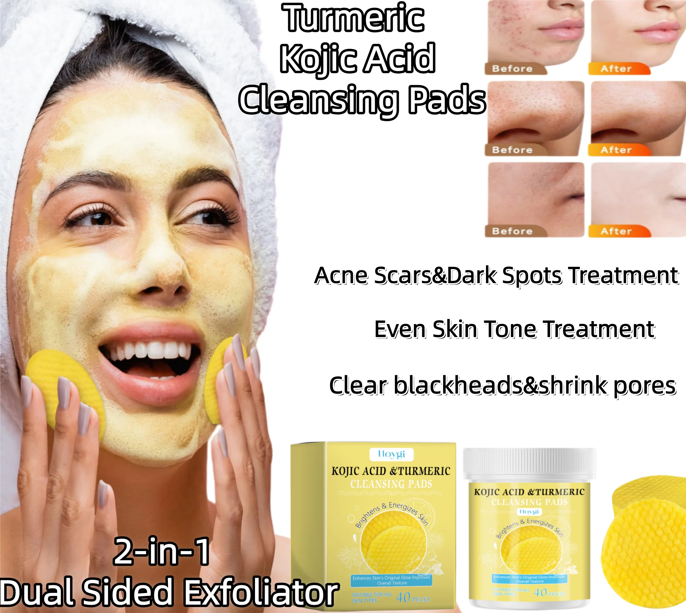 Turmeric&Kojic Acid Cleansing Pads,7-Day Visible Brightening & Melanin Reduction,Target Stubborn Pigment & Dark Spots,End Razor Bumps & Acne Marks,2-in-1 Physical + Chemical Dual Polish ,Vegan Formula, Free From Synthetic Preservatives