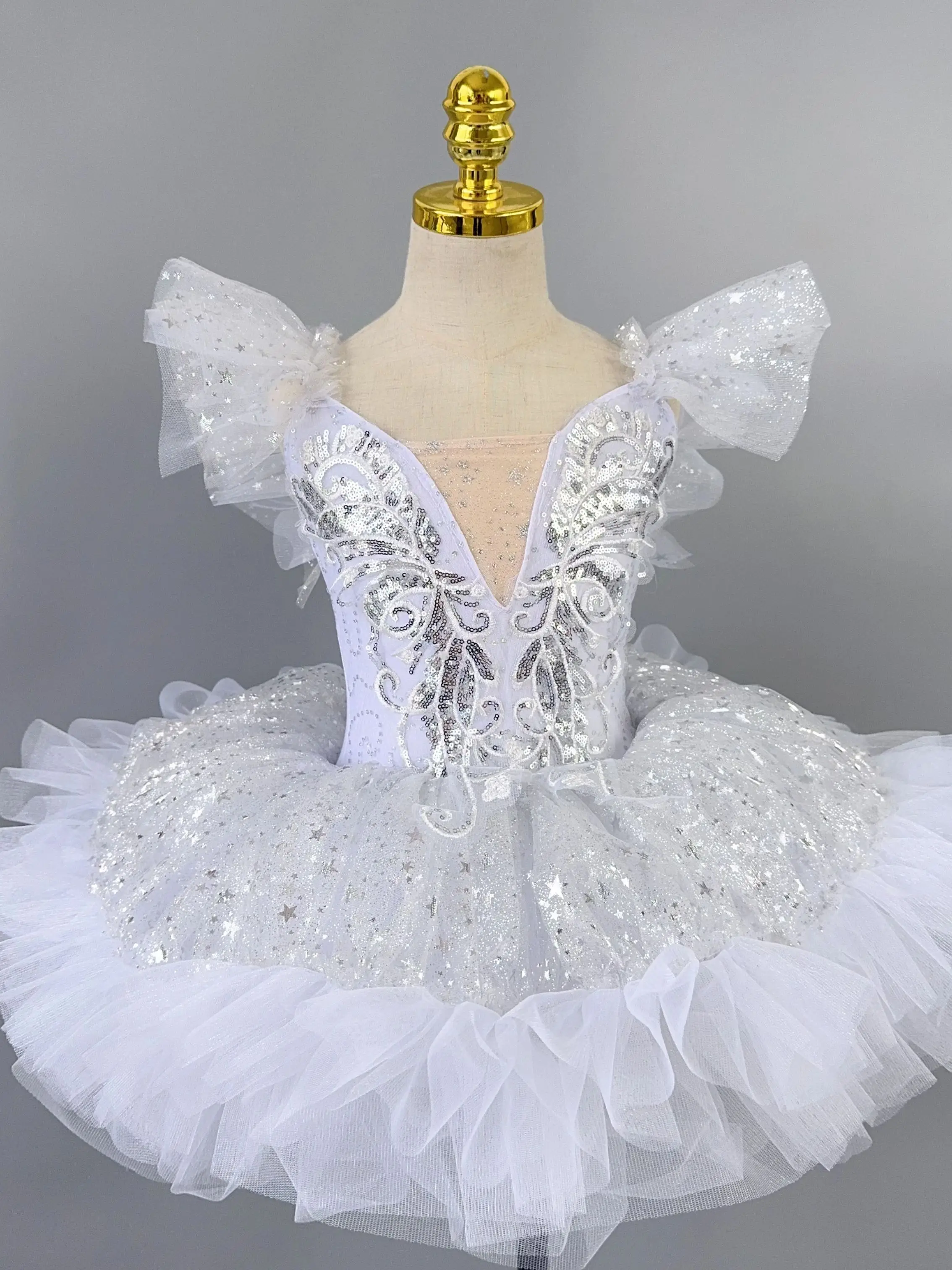 Girls White Sequined Ballet Dress Kids Ballerina Tutu Modern Dance Princess Party Performance Costume